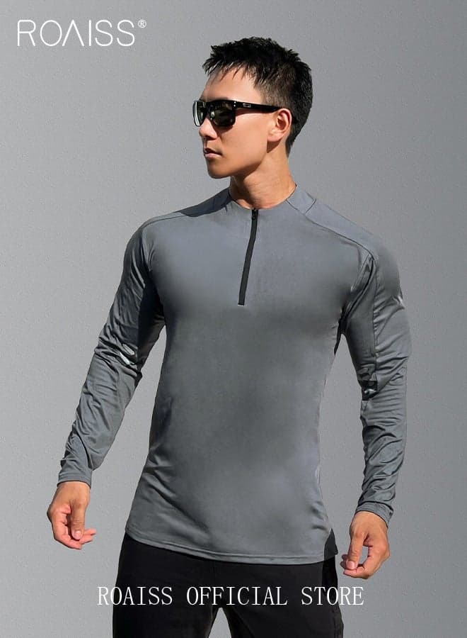 Men Quick-drying T-shirt with Reflective Stripes Slim-fit Tops with 1/4 Zip Design, Moisture-wicking Breathable Workout Clothes for Men, Suitable for Daily Wear, Gym or Any Outdoor Sport
