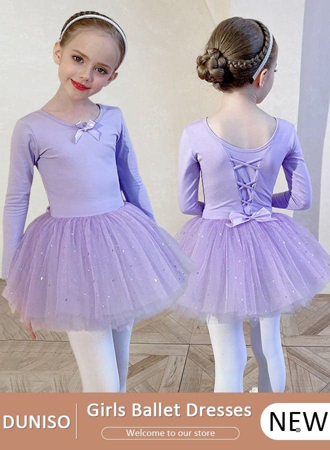 Girls Ballet Dress Long Sleeve Dance Leotard with Skirt,Dance Dress with Lace Hemline, Gymnastic Ballerina Ballet Outfit Dress, Mini Skirt Princess Dresses Dance Wear Clothes for Little Girl