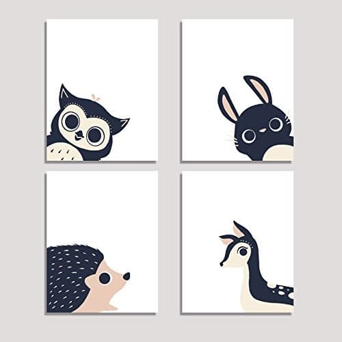 Peeking Animal Collection, Children's Wall Art Prints, Set of Four 11x14 Prints, Forest Nursery, Gender Neutral Nursery Decor, Rabbit, Deer, Owl, Hedgehog Decor, Woodland Nursery, Baby Room Decor