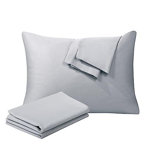 100% Egyptian Cotton Queen Pillow Protectors Set of 4, 400 Thread Count Sateen Weave Cooling Pillowcase, Easy Care Zippered Style Pillow Covers (4 Pack, Gray, Queen)