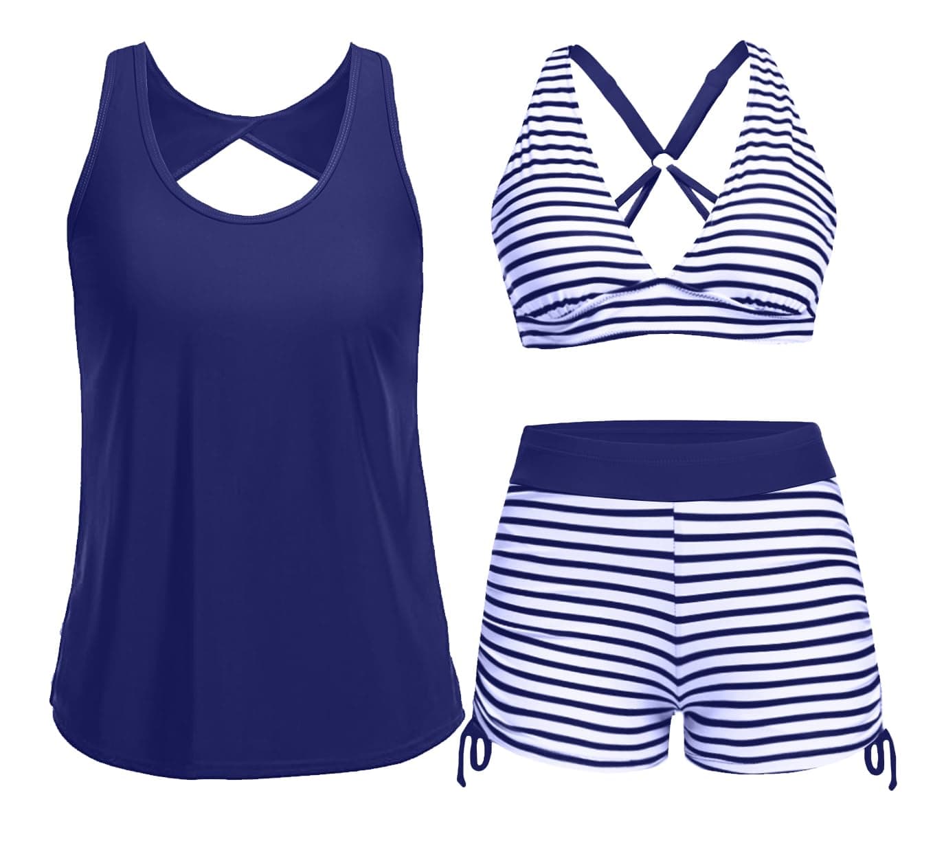 Yonique 3 Piece Tankini Swimsuits for Women Swim Tank Top Bathing Suits with Boy Shorts and Bra Athletic Swimwear Blue XS