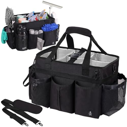Timoxi Large Wearable Cleaning Caddy Bag with Detachable Divider, Cleaning Organizer with Handles, Cleaning Supply Tote with Adjustable Shoulder Strap&Waist Belt for Cleaners & Housekeeper (Black)