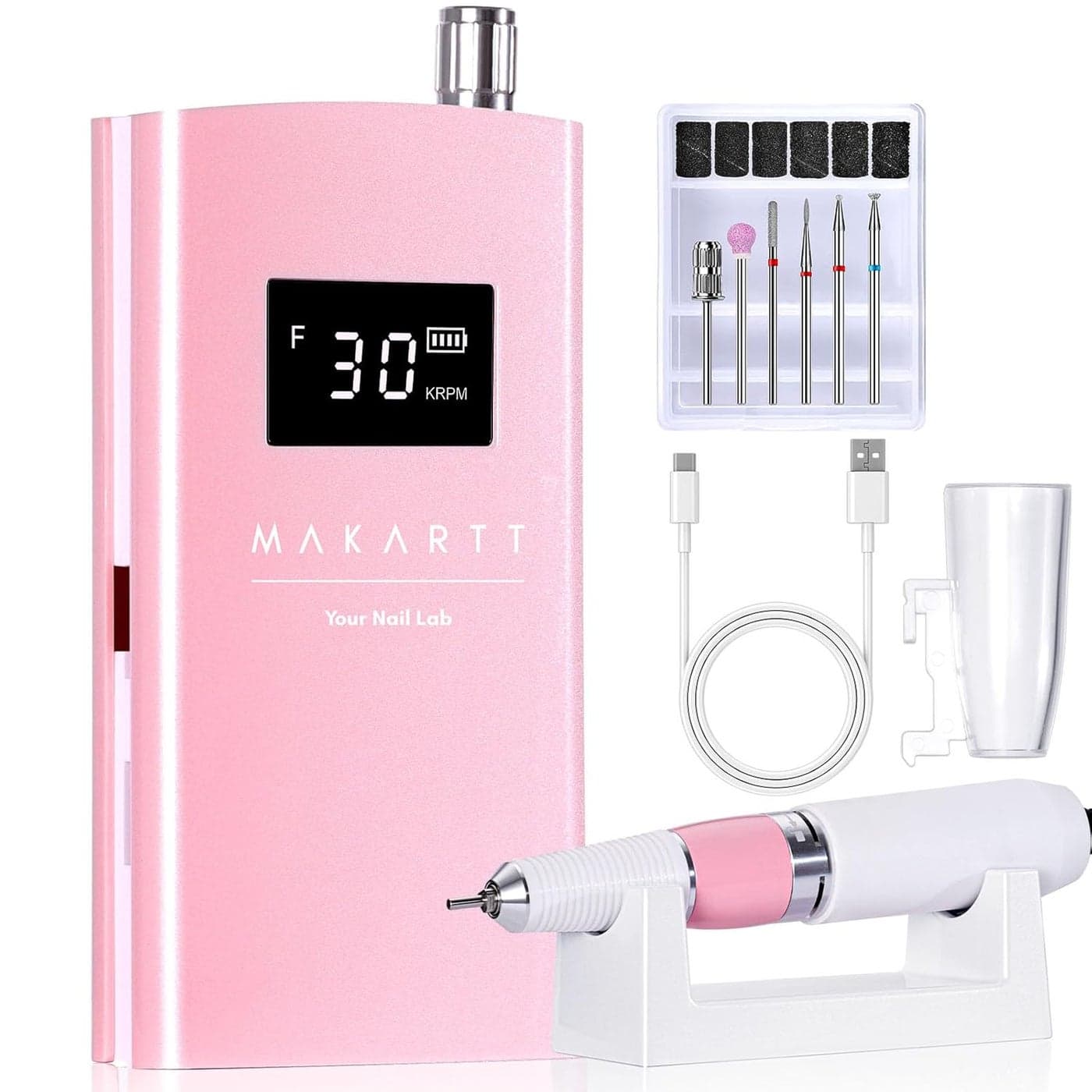Makartt Electric Nail Drill, 30000RPM Rechargeable E File, Perlarie Pearly Pink Portable Nail Grinder with Drill Bits & Sanding Bands for Manicure Salon Home Use