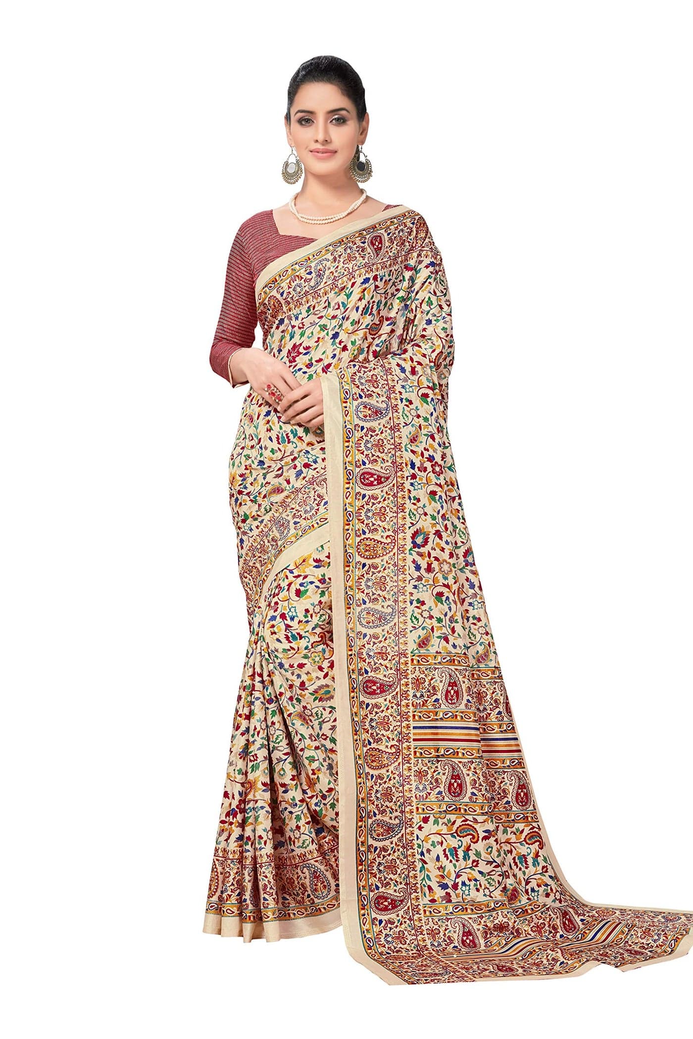 Vimla Women's Mysore Crepe Silk Uniform Saree with Printed 6 Yard Length and Unstitched Blouse Piece Office wear saree