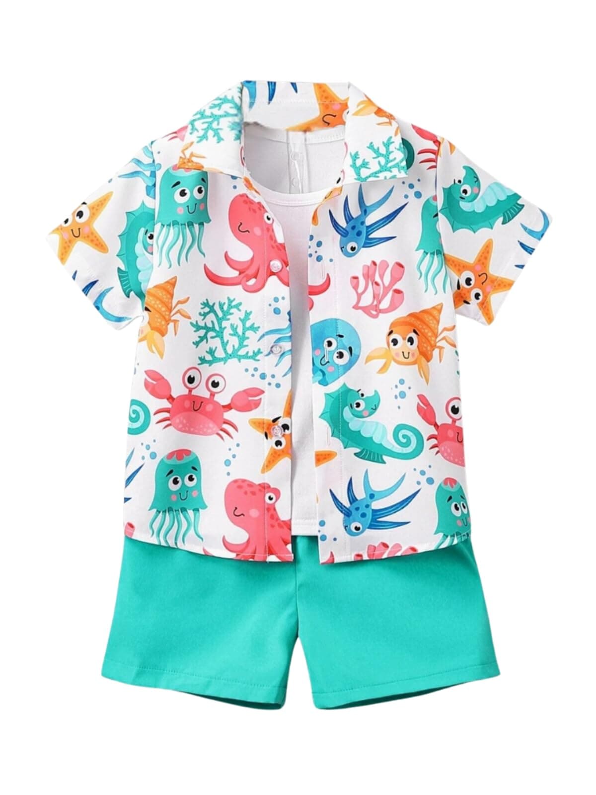 URBAN OX Boy's Printed Cotton Blend Short Sleeve Regular Wear Shirt & Solide Shorts Set