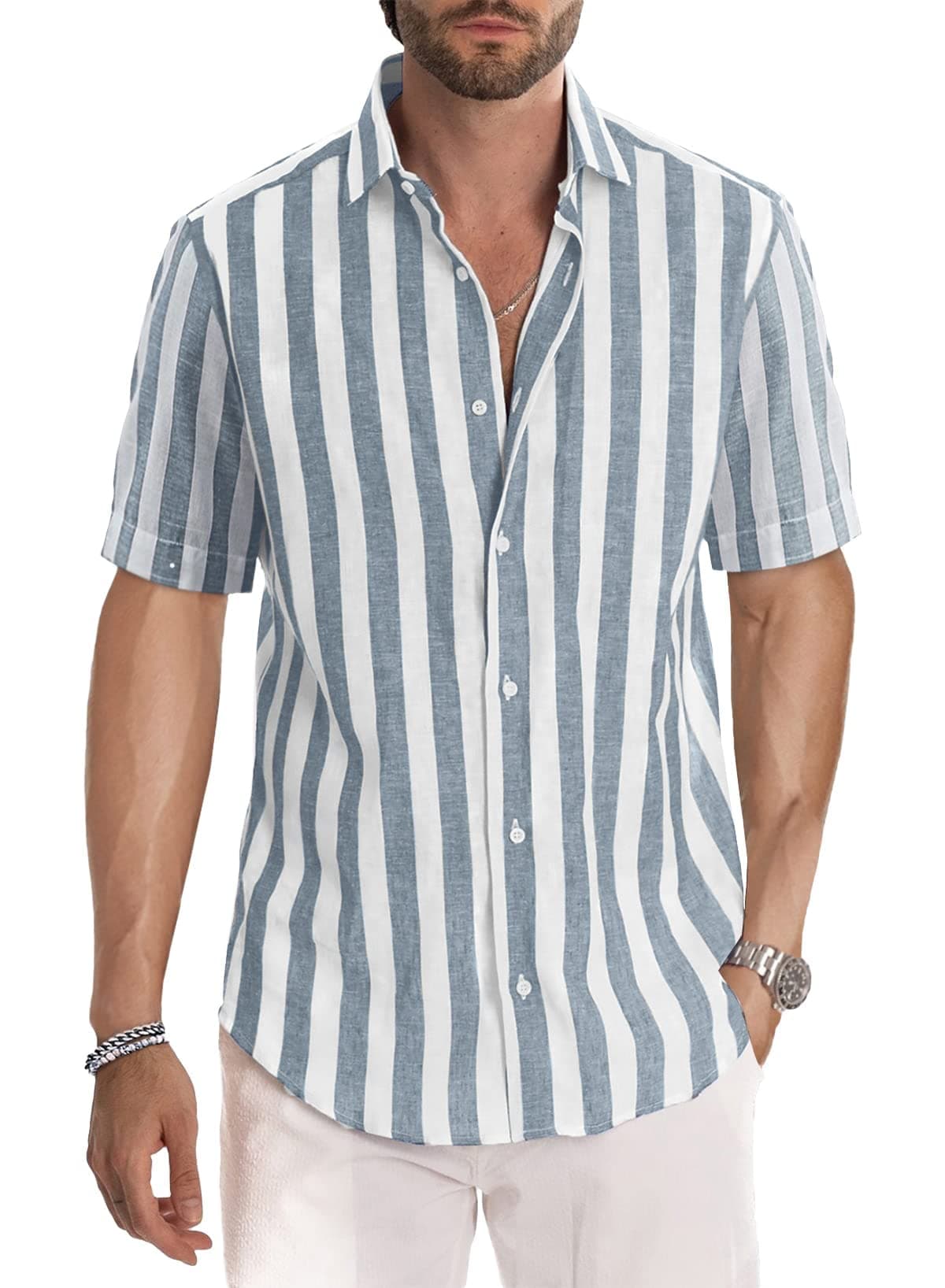 JMIERR Men's Summer Casual Stylish Short Sleeve Button-Down Shirts Cotton Linen Striped Business Dress Shirts Beach Shirt, M, Grey and White Stripe