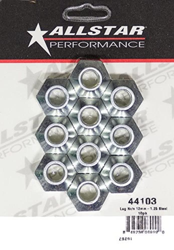 Allstar Performance Lug Nut, 12 mm x 1.25 Thread, 1 in Hex Head, 45 Degree Seat, Open End, Steel, Zinc Oxide, Set of 10
