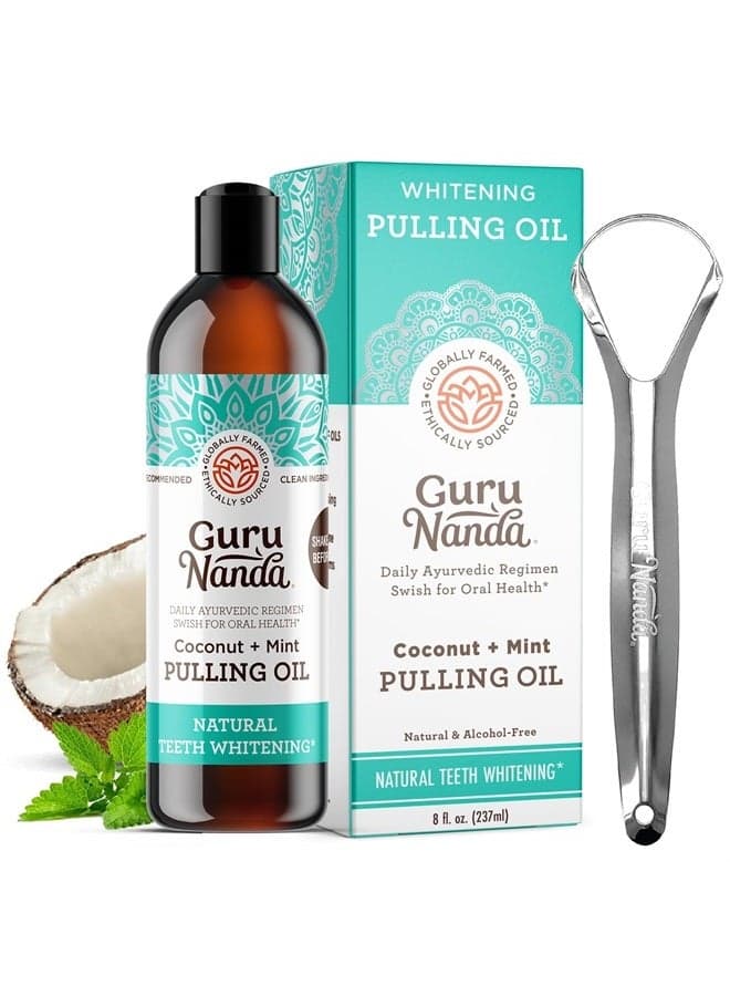 Coconut & Peppermint Oil Pulling (8 Fl.Oz) with Tongue Scraper - Alcohol Free Mouthwash for Fresh Breath, White Teeth & Healthy Teeth & Gums