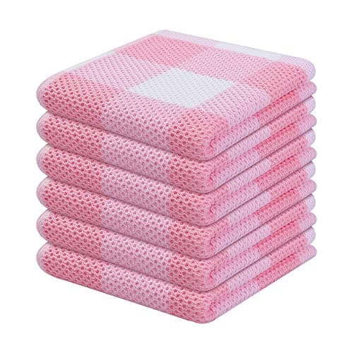 Homaxy 100% Cotton Waffle Weave Check Plaid Dish Cloths, 12 x 12 Inches, Super Soft and Absorbent Dish Towels Quick Drying Dish Rags, 6-Pack, White & Pink