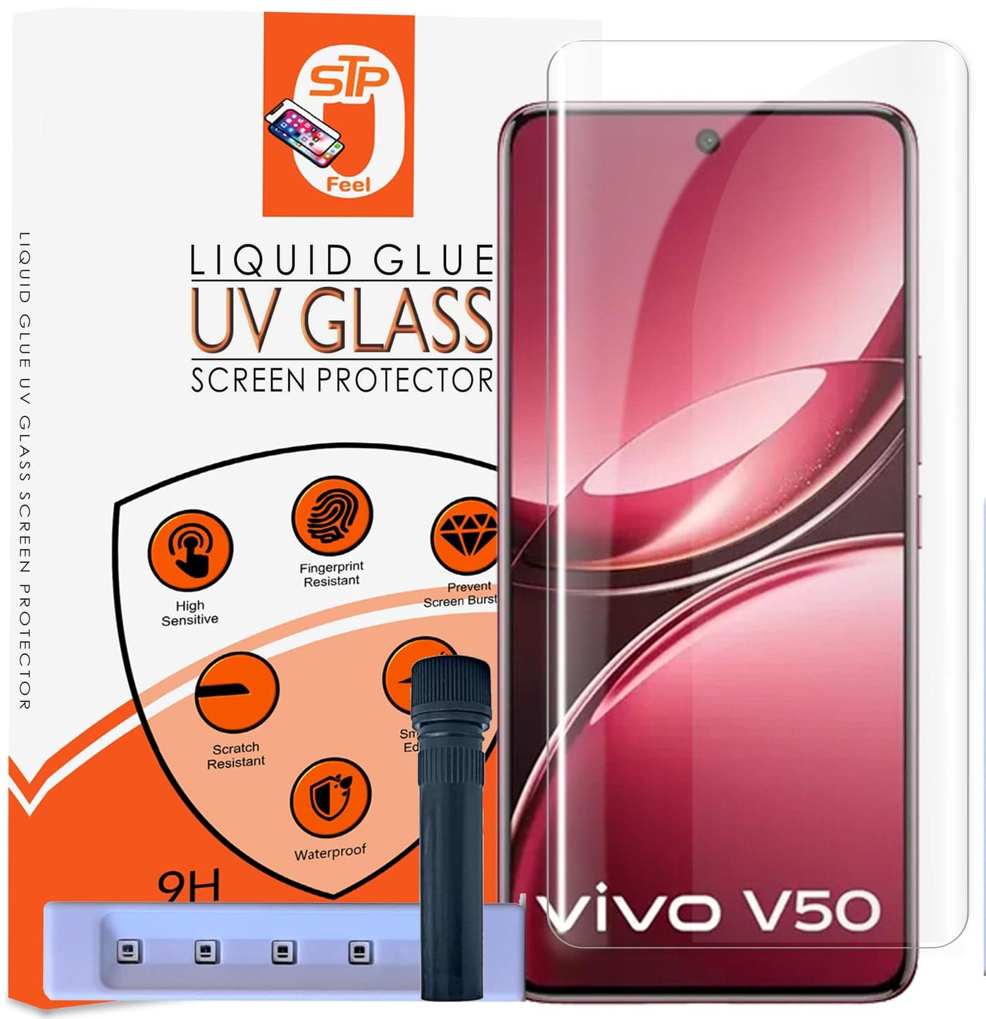 STP FEEL® HD+ UV Tempered Glass Screen Protector Guard Compatible For Vivo V50 5G / V50e 5G (6.77 Inch, Pack of 1) Full Adhesive UV Curved Case Friendly HD Clarity with easy installation kit