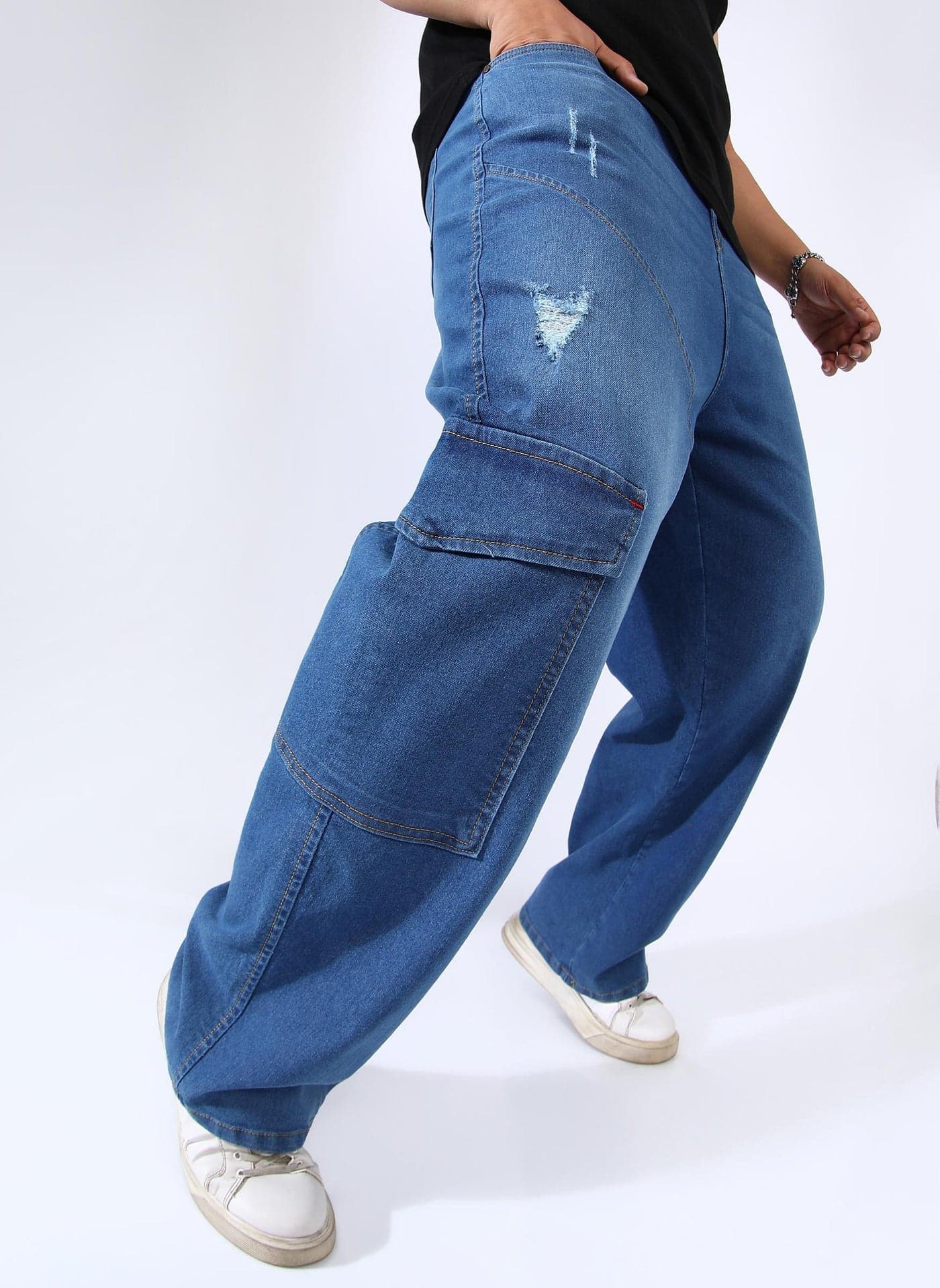 Men's Light Blue Asymmetrical Stitch Denim Jeans