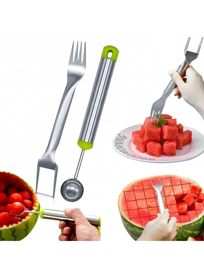 2-Piece Stainless Steel Watermelon Fruit Cutter and Melon Baller Scoop Set - Dual-Purpose Fruit Cutting Tools for Home Kitchen