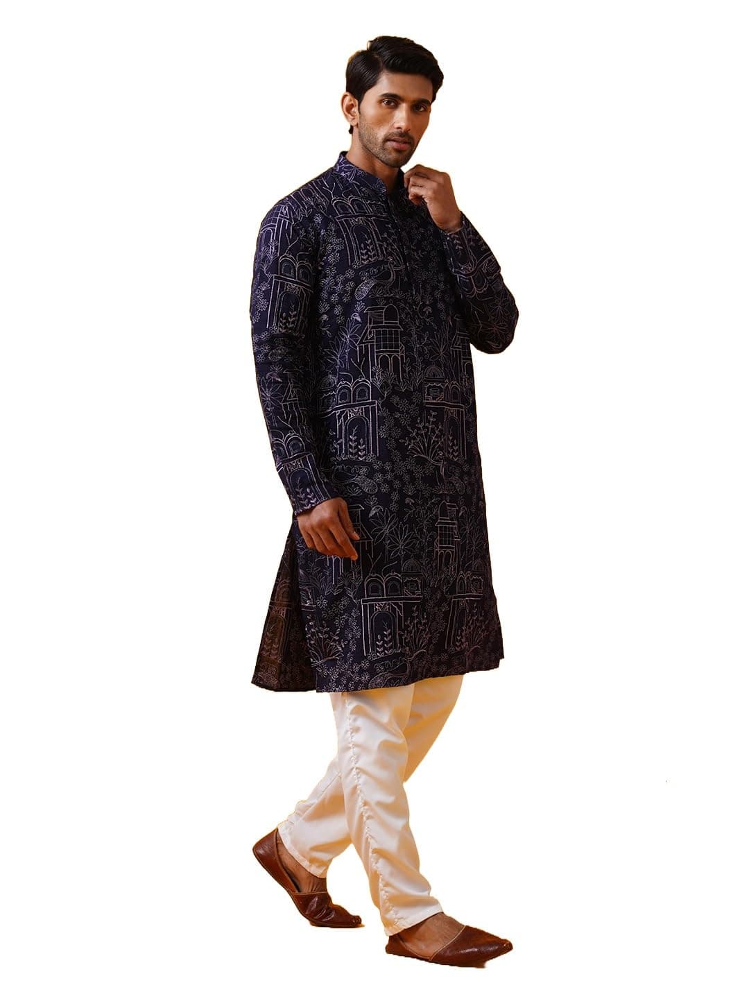 SOJANYA (Since 1958 Men's Cotton Silk Kantha Thread Embroidered Violet Kurta with White Pyjama