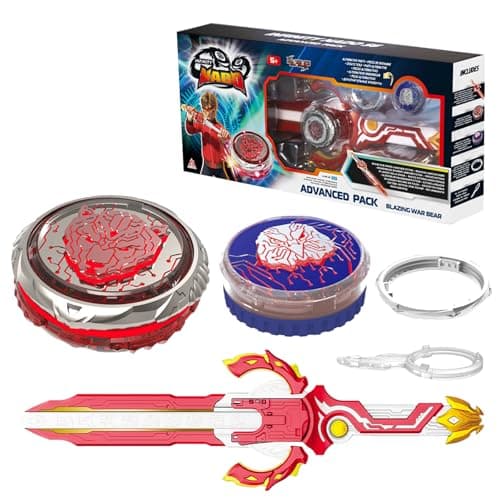 INFINITY NADO Battle Top Set with Sword Launcher Metal Glowing Battling Tops Attack Type Spinning Top Game Toy Battle Starter Pack Set for Boys Girls 5 Advanced Pack Blazing War Bear