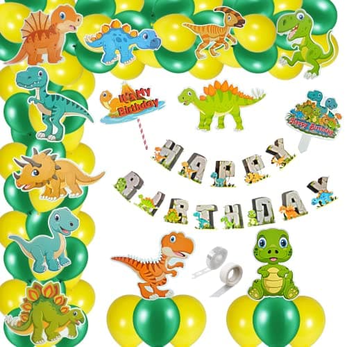 FI - FLICK IN 69 pcs Happy Birthday Dinosaur Theme Banner Dino Cutouts Cake Topper Props Metallic Balloons Jungle Theme Bday Decoration Dinosaur Birthday Decorations for Boys (Pack of 69, Multicolor)