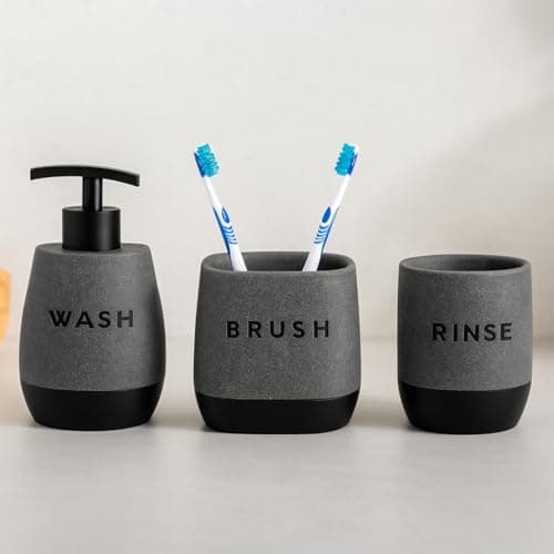 The Better Home Premium 3 Pcs Polyresin Bathroom Accessories Set | Liquid Soap Dispenser 250ml Tooth Brush Holder Water Tumbler | Moisture Resistant Non Fragile Scratch Proof | Black Pack of 3