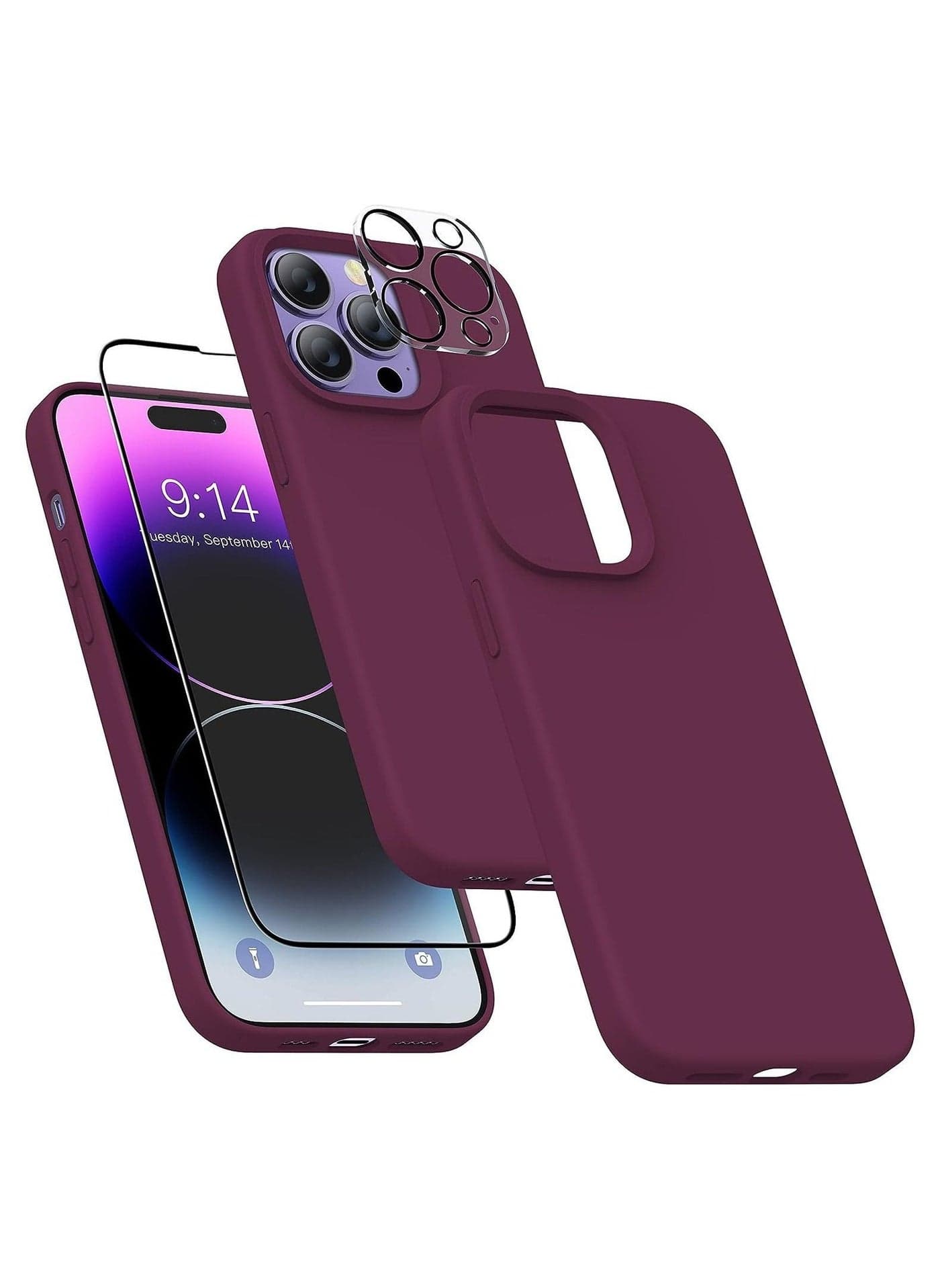 Silicone Case for iPhone 14 Pro, with Screen Protector,Camera Lens Protector Cover Soft Anti-Scratch Microfiber Lining,Liquid Gel Finish Coating Fullbody Protective 6.1"