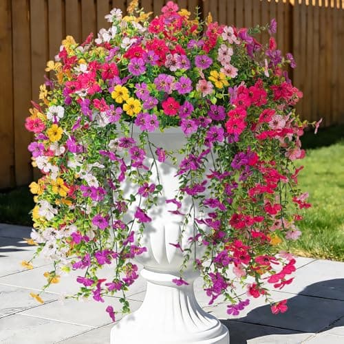 8PCS Artificial Hanging Fake Flowers for Outdoor Decoration Faux Silk Flowers Plants for Outdoor Outside Planter UV Resistant Daisy with Eucalyptus Leaves Porch Front Door Patio Balcony Yard Dcor