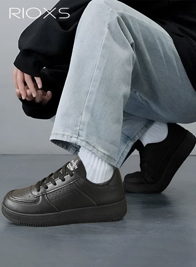 Women's Classic Black Sneakers, Casual Leather Sports Sneakers, Breathable Comfortable Walking Shoes, Lightweight Low Top Platform Sneakers for Ladies, Versatile Leisure Shoes Tennis Shoes for Shopping Work Travel and Daily Wear