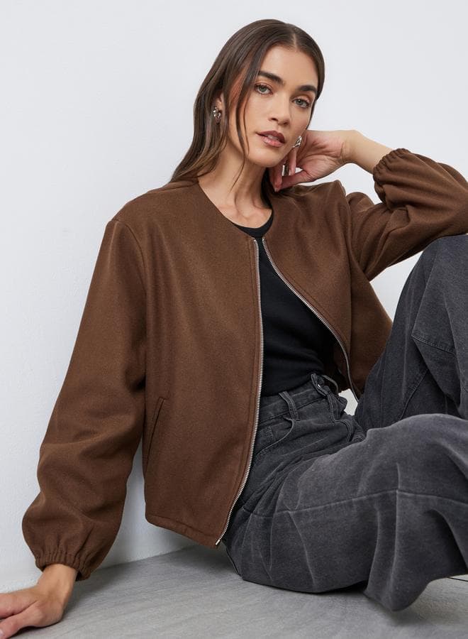 Styli Women Brown Boxy Fit Bomber Jacket