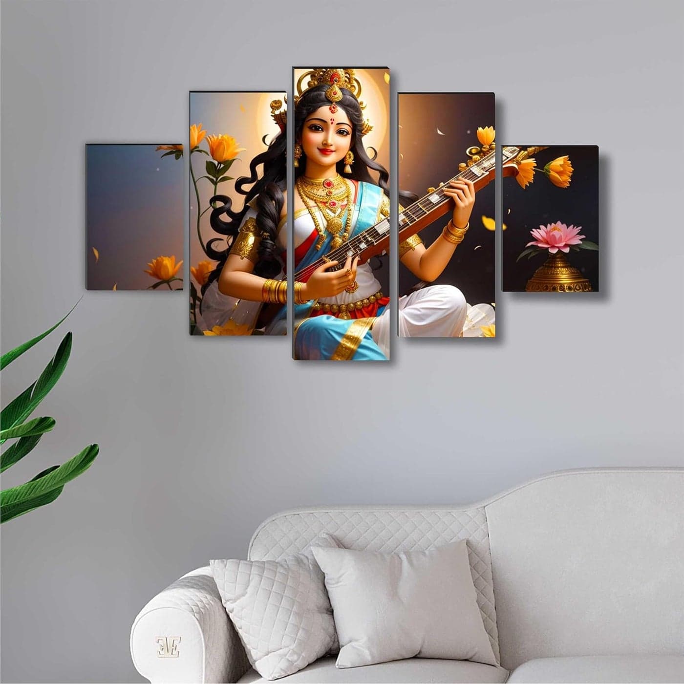 SAF Saraswati ma Paintings for Living Room | Painting for Wall Decoration | 3D Wall Art for Bedroom | lord Saraswati Religious Wall Painting Set of 5 (75 x 45 cms) SANFPNLS35502