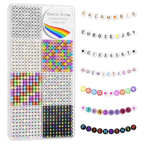 Redtwo 1600 Pcs Letter Beads Kit 6 Styles of Colorful Alphabet Beads for Bracelet Number Smiley Face Beads Heart Beads and a Roll of Elastic String for Friendship Bracelet Kit