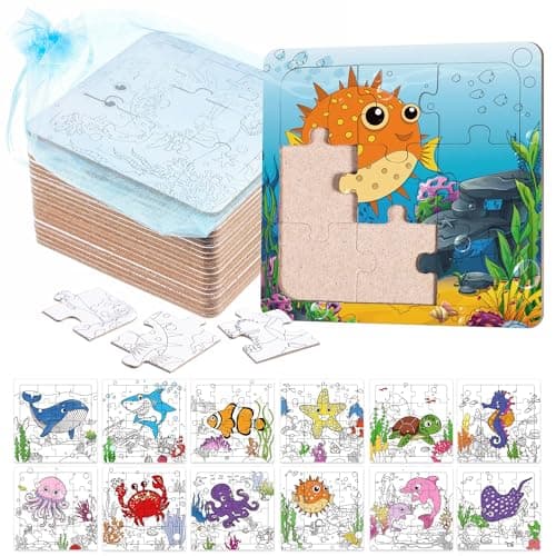 Blosssound 24 Pcs Coloring Puzzles 4 x 4 Inch Sea Animals Crafts DIY Painting Gifts Safari Paper Puzzle Make Your Own Jigsaw for Educational Under The Sea Toy Birthday Gift Activities Supplies