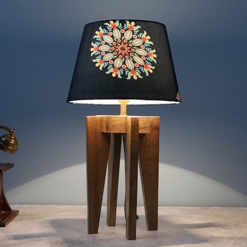 tu casa Handcrafted Wooden Table Lamp with Decorative Mandala Fabric Shade | Modern Bedside & Living Room Lamp | 25.4 x 25 x 41 cm.Floral Print with Satin Shade