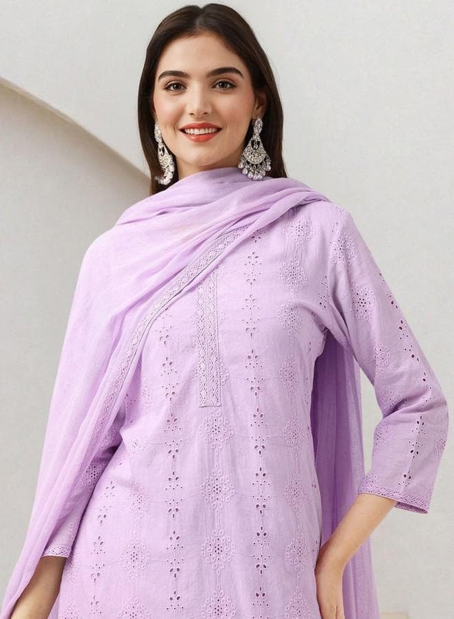 Women'S Lilac 100% Cotton Embroidered Tunic Full Length Palazzo Straight Fit Kurta Set