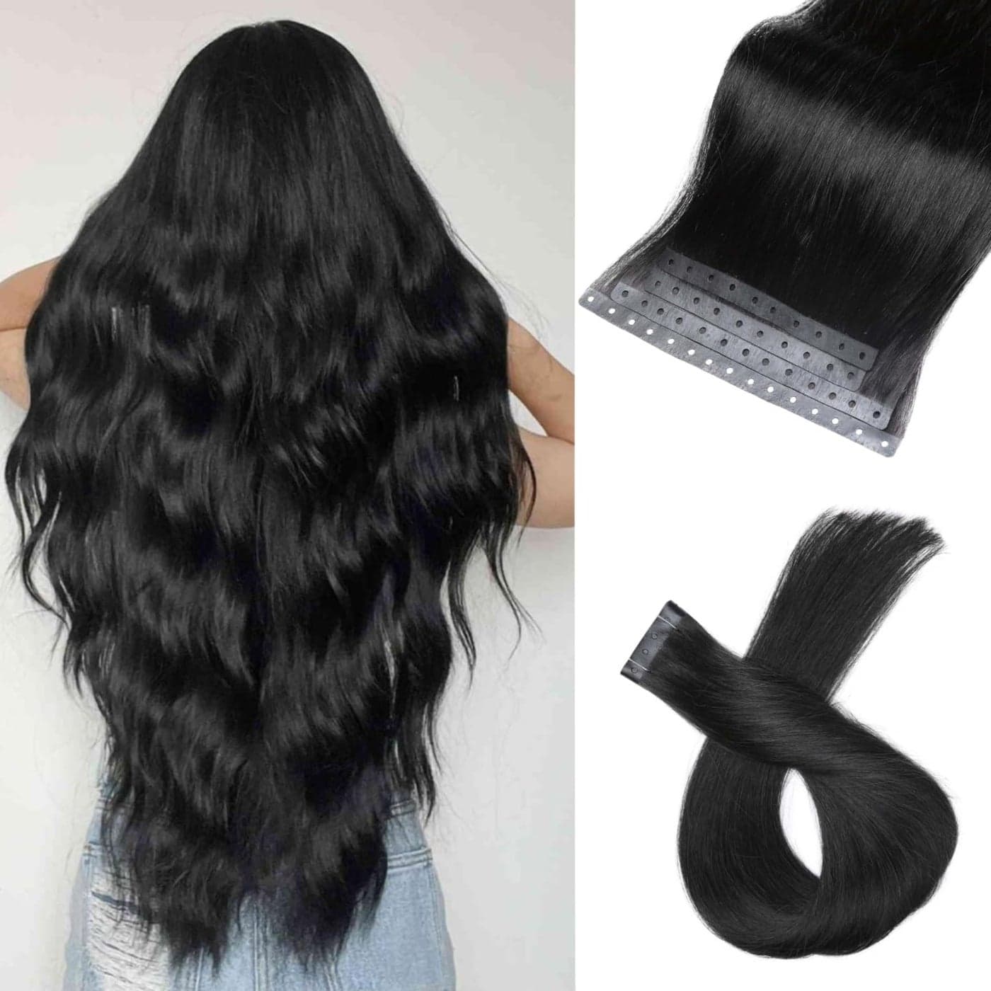 Human Hair Extensions Micro Ring PU Hair Extension Glueless Remy Human Hair Extensions with Holes Natural Black Invisible Skin Weft Tape in Hair Extension for Women 35g 4Pcs20 Inch