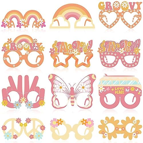 Qilery 36 Pieces 70s Groovy Party Decorations Favors Hippie Groovy Paper Glasses 60s Hippie Glasses Favors Retro Flower Power Peace Love Eyeglasses for 70s Birthday Bachelorette Decor Supplies