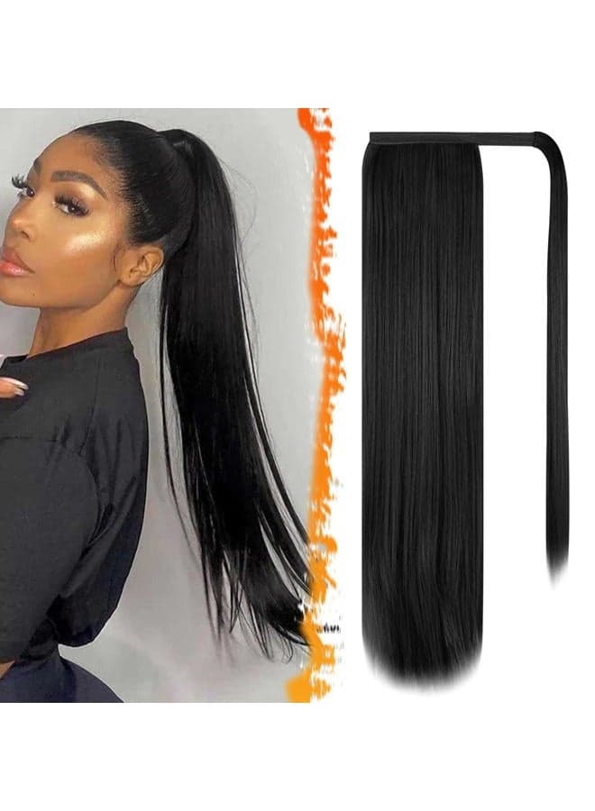 Natural Black Straight Wrap Ponytail Extension - 24 Inch Long Straight Wrap Around Ponytail Hair Extensions for Black Women, Synthetic Clip in Pony Tails Hairpieces Daily