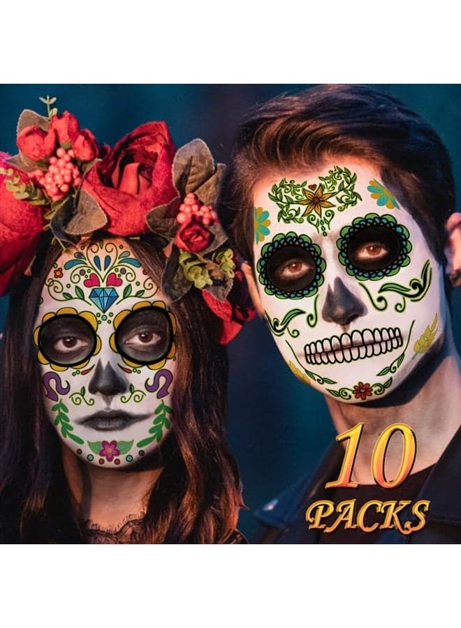 Day of the Dead Face Tattoos, Halloween Temporary Tattoo 10 Pack Dia de Los Muertos Skeleton Makeup Kit Catrina Red Rose Sugar Skull Full Face Stickers for Women Kids Halloween Accessories and Parties