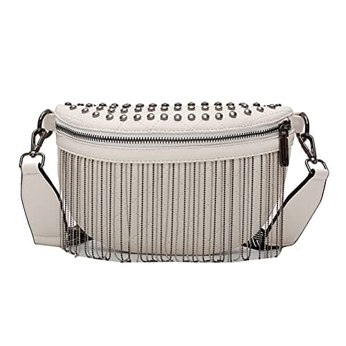 Women Rivet Metal Tassel Faux Leather Fanny Pack Waist Bag Chest Bag Crossbody Shoulder Bag