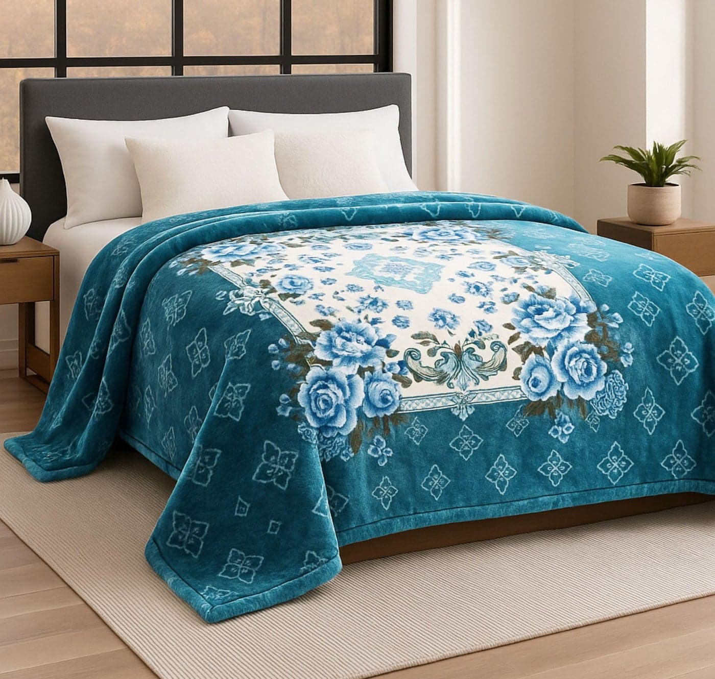 BSB HOME Supersoft Printed Mink Blanket for Heavy Winter – 600 GSM Ultra Soft Luxurious Embossed Double Bed Blanket, Warm & Fluffy Cozy for Extreme Cold Weather (Teal & White, 230 x 220 Cm, 3.5 Kg)