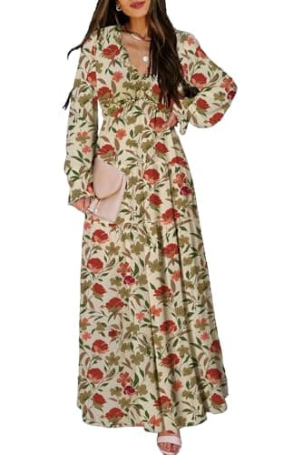 BLENCOT Women's Casual Boho Floral Printed Deep V Neck Loose Long Sleeve Long Evening Dress Ruched Cocktail Party Maxi Wedding Dress Apricot Medium