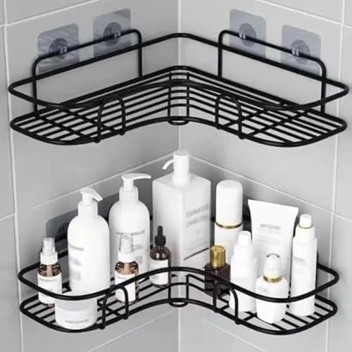 KYMIO Stainless Steel Wall Mounted Bathroom Corner Shelf Organizer Storage Hanging Shower Caddy Corner Self-Adhesive Soap Holder (Pack of 2), Black