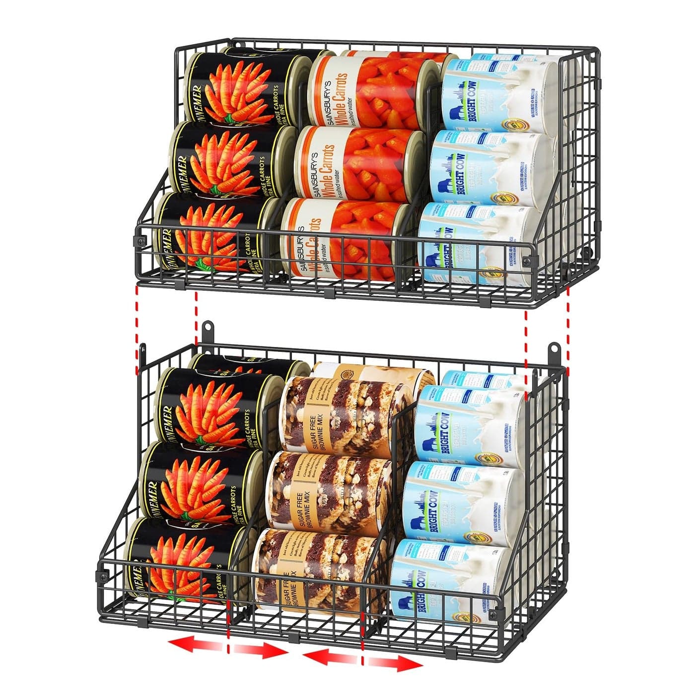 2 Pack Stackable Can Rack Organizer for Pantry StorageCan Dispensers with 4 Adjustable Dividers 2Tier Metal Wire Basket Beverage Pop Soda Rack for Kitchen Cabinet Pantry Black