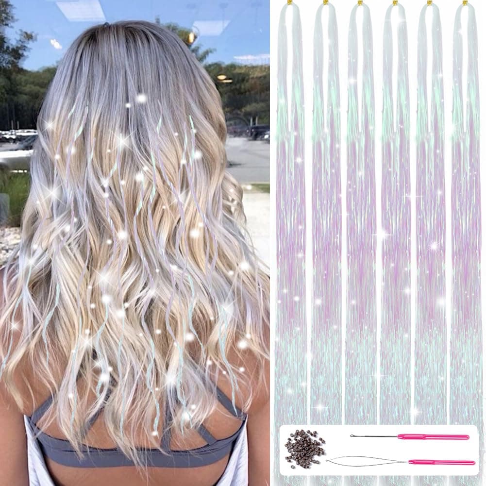 Hair Tinsel Kit With Tools 47Inch Fairy Hair Tinsel Heat Resistant 6Pcs 1200Strands Highlights Glitter Hair Extensions Sparkling Shiny Tinsel Hair Extensions for Women Girls Kids WhitePink
