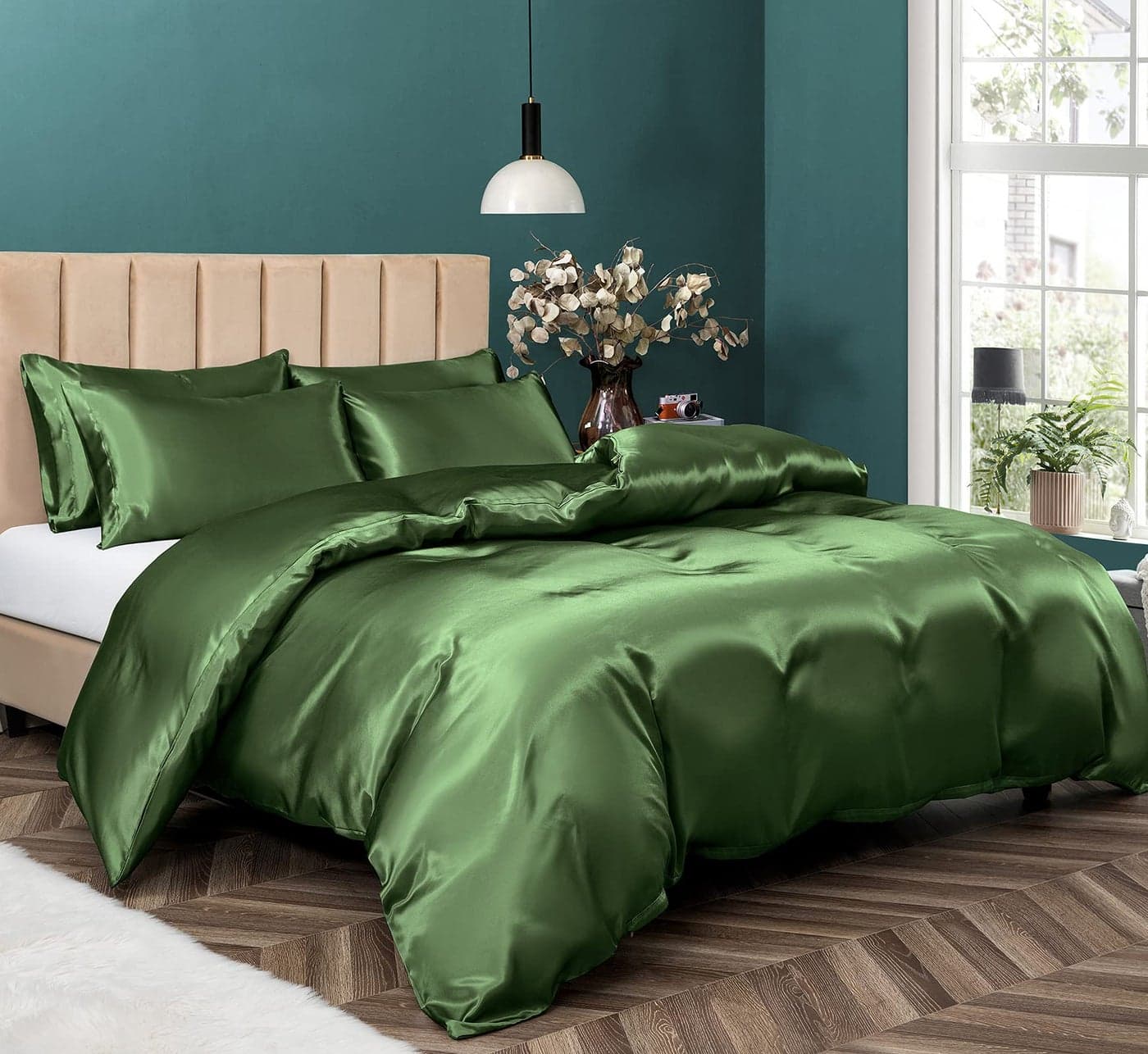 P Pothuiny 5 Pieces Satin Duvet Cover King Size Set, Luxury Silky Like Sage Green Duvet Cover Bedding Set with Zipper Closure, 1 Duvet Cover + 4 Pillow Cases (No Comforter)