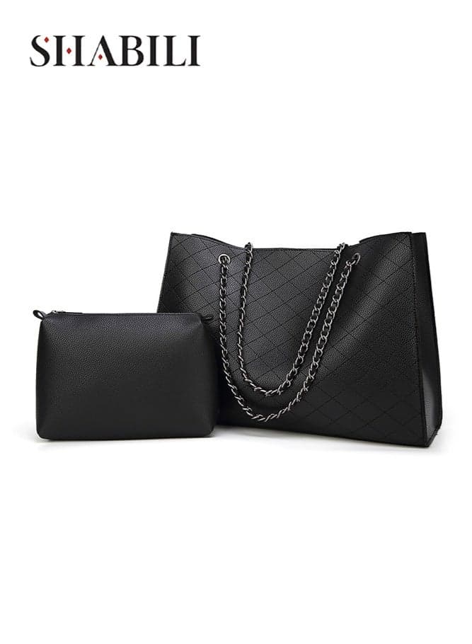 Women's Elegant Large Capacity PU Leather Shoulder Bag, Ladies Fashion Office Bag Handbag Tote Bags Carry Bag with Chain Strap and Inner Pouch for Daily Commuting Work Shopping Travel (Black)