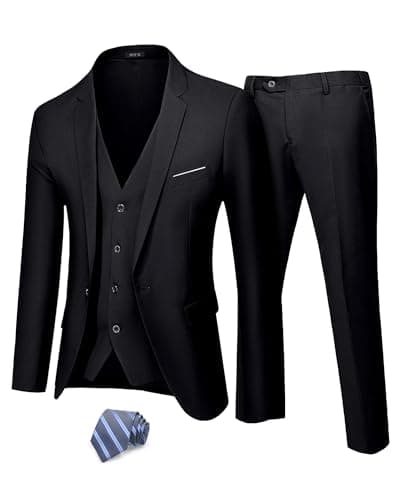 MY'S Men's 3 Piece Suit Set with Tie, One Button Slim Fit Jacket Vest & Pants, Party Wedding Prom Blazer Waistcoat & Trousers, Black XX-Large