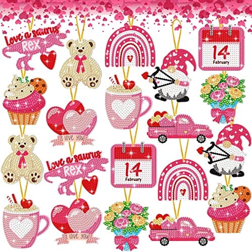 Jetec 20 Pcs Valentine's Day Diamond Painting Keychain Kits 5D DIY Diamond Art Keychain Ornaments Romantic Art Key Ring Pendant Crafts Accessories for Valentine Party Decor Gifts