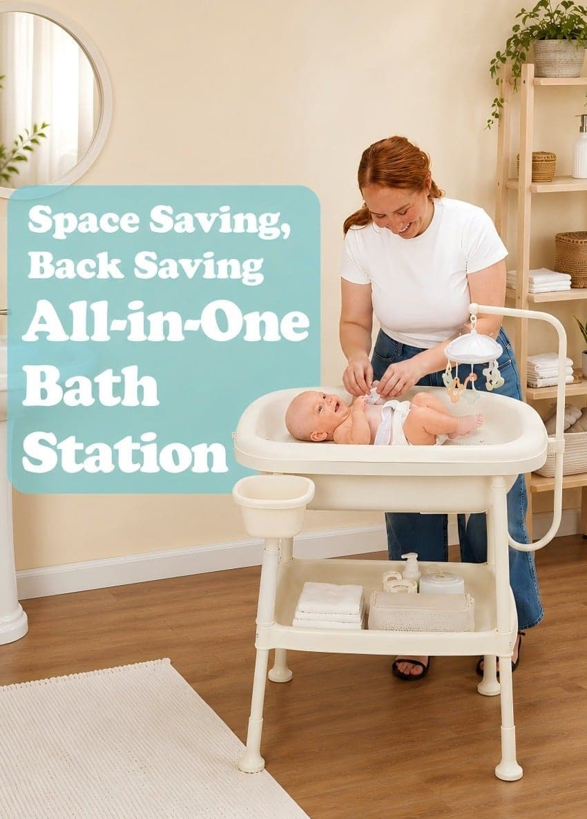 2-in-1 Baby Care Station, Diaper Changing Table and Baby Bath Rack with Temperature Sensing Tub, Hanging Toys, Storage Shelves and Measuring Scale for Newborn Infant Care