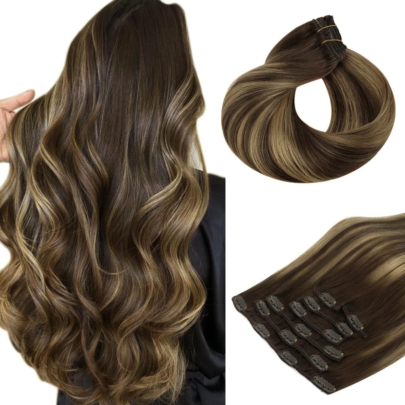 HOTBANANA Human Hair Clip in Hair Extensions Balayage Chocolate Brown Mixed Caramel Blonde 120g Clip in Hair Extensions Real Human Hair Straight Remy Hair Clip Ins Dark Roots Ombre 22 Inch 7pcs