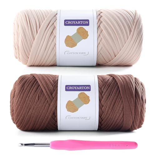 2 Pack T Shirt Yarn for Crocheting with 1 Crochet Hook Elastic Tshirt Yarn for Crochet BagBasketsHome Decor Spaghetti Yarn Thick Knitting Yarn Total Length 130 Yds BeigeCoffee Color