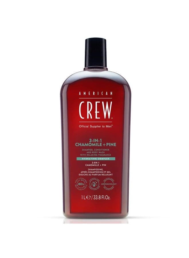 AMERICAN CREW 3-in-1 Chamomile & Pine Shampoo, Conditioner & Body Wash, 1000 ml, Care Shampoo and Shower Gel for Men, Product for Daily Cleansing of Body and Hair