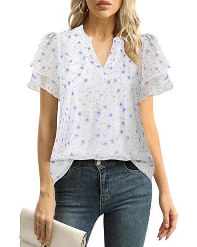 Lotusmile Women's Floral Violet Chiffon Blouses, Dressy, Work, Casual & Party Tops, V-Neck, Short Sleeve, Large Size, Regular Fit