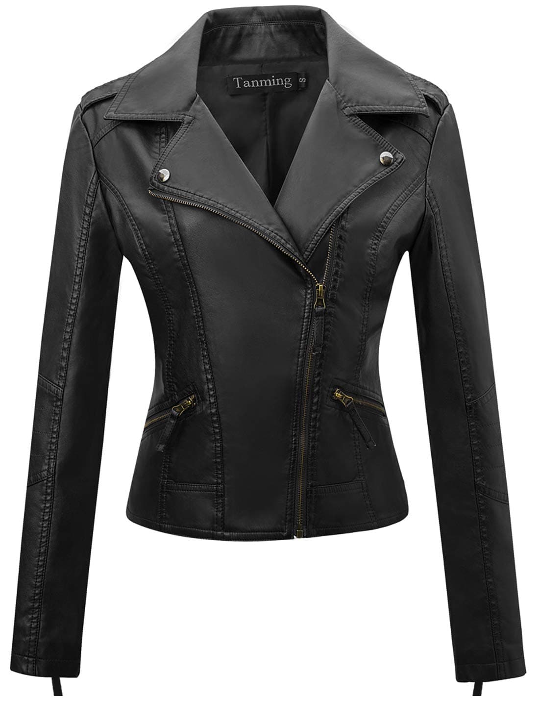 Tanming Women's Faux Leather Moto Biker Short Coat Jacket (Black10-S)