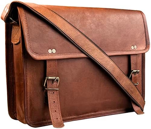 RUSTIC TOWN Leather Messenger Bag for Men Women - Full Grain Leather Laptop Satchel Office Shoulder Bag (14 Inch, Brown)